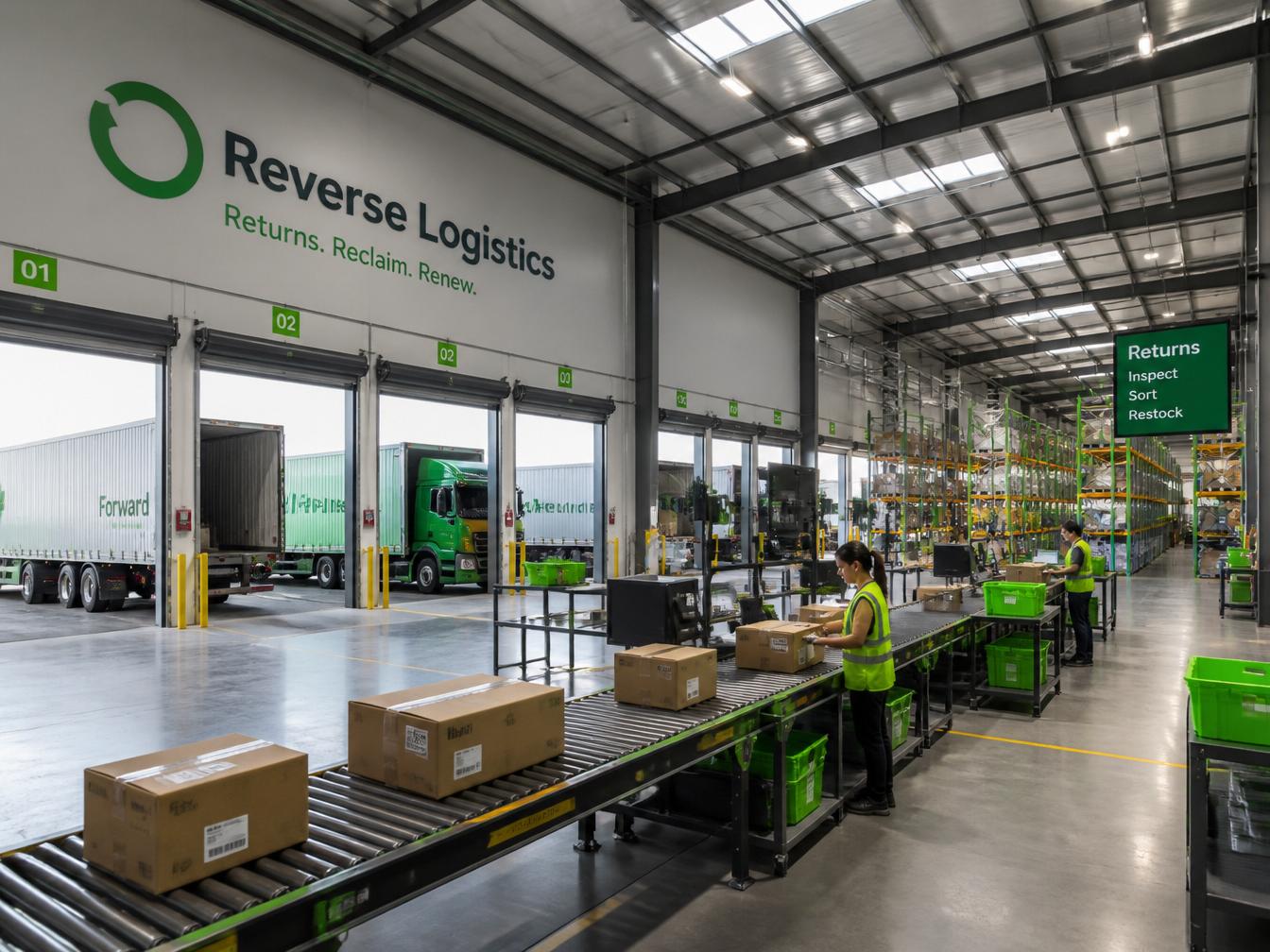 Modern reverse logistics warehouse with trucks at loading docks, conveyor belts, and returns processing stations